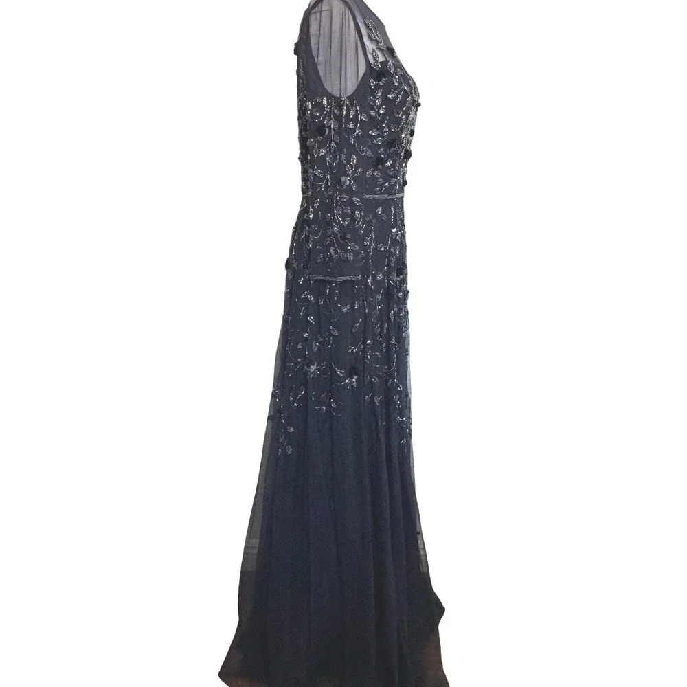 THEIA Beaded Floral Illusion Sleeve Evening Gown Gala Regency Glam Dress Navy 10